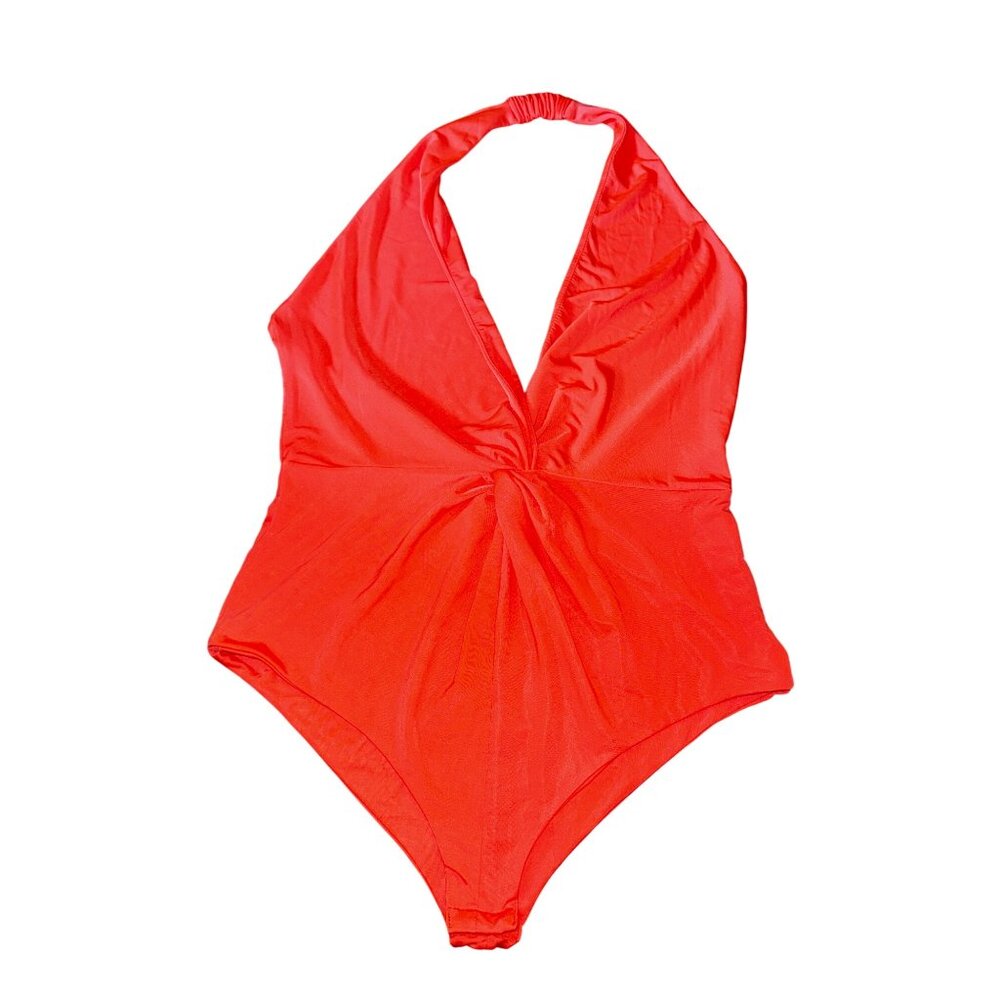Bright Orange Plunge Halter Bodysuit Large Stretch Sexy Retro Pinup Dancer‎ Cute